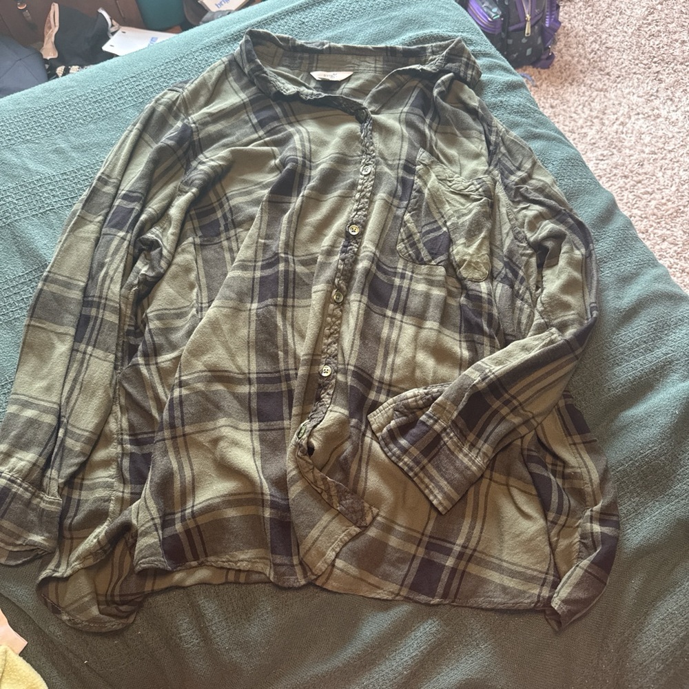 Terra & Sky Olive Plaid Button Down Shirt